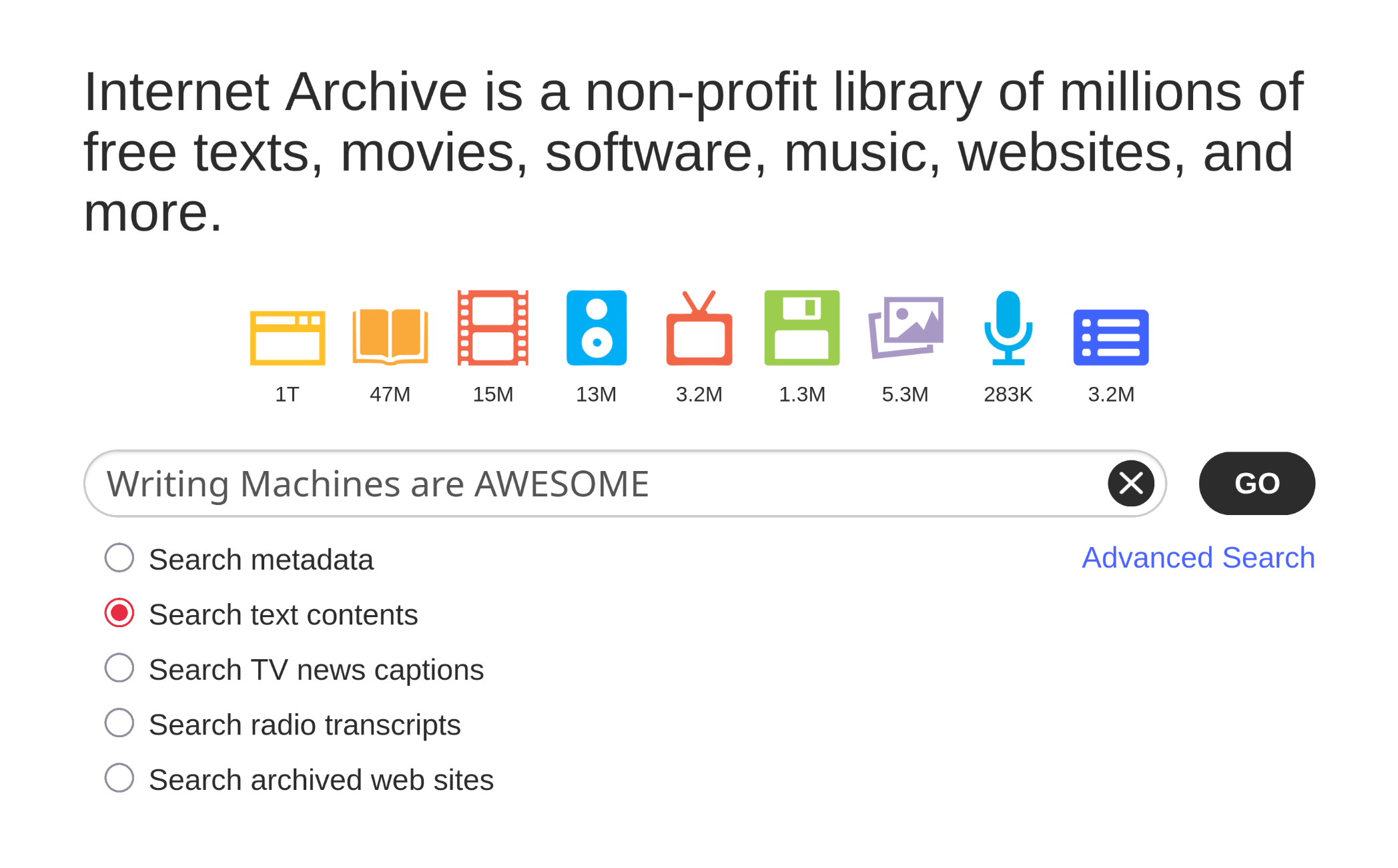 A screenshot from the search bar in the homepage of the Internet Archive.