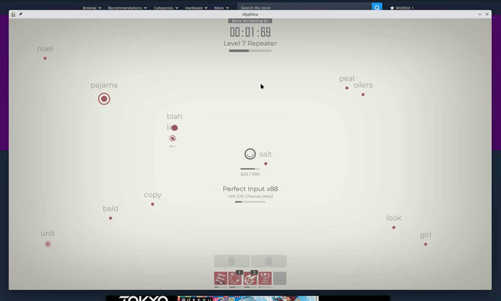 a screenshot of the game glyphica: words are moving from the edges of the screen towards the middle