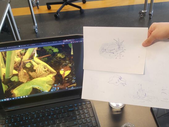 A display showing a photo of a pond, and a drawing in inspired by the alt caption written for the image.