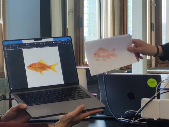 Laptop displaying a picture of a goldfish, and drawing of a goldfish.