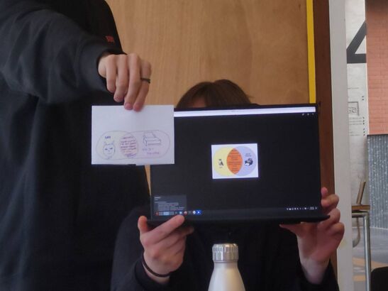 Two people posing with a laptop and a drawing, bot showing a ven diagram meme