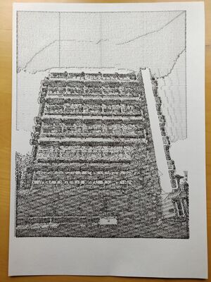 A plot of an appartment building. There are lines in the sky created by the pen starting from the middle of a path