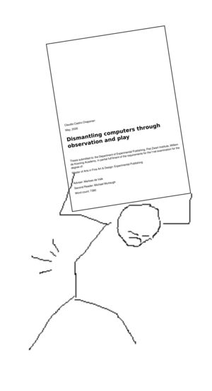 A drawing of c3 holding his thesis on his shoulders, referring a pose commonly attributed to Atlas, a Titan who is condemned to holds the Sky.
