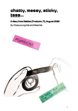 This is the first booklet we(nami chae) made for the Zine Camp 2022. We did not use Indesign, instead we used page.js, a web-to-print technique. It documents the first cms()project, chatty, messy, sticky, tsss... which took place at Habitat.