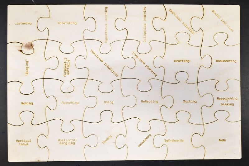 A puzzle laser-cut and engraved for my T2 Assessment presentation, representing a collection of emotions, concepts, and practices to balance over the course of their degree/life.