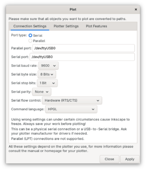 The settings window that Inkscape provides to configure the plotting functionality.