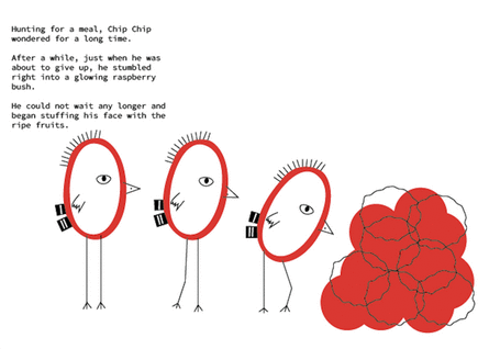 Showing chopchop as a bird, eating a raspberry and turning into a raspberry pi
