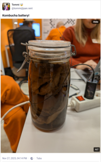 Kombucha battery (Mastodon post by Tommi)